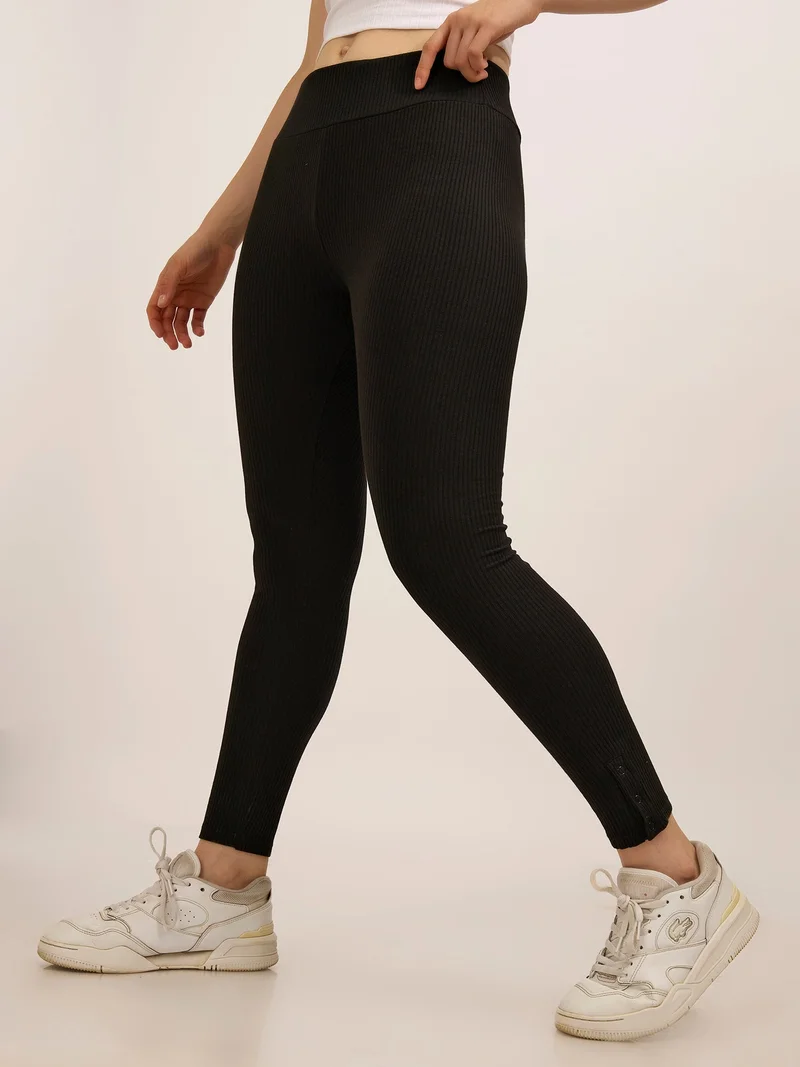 OUTZIDR Black Ribbed Basic Solid Leggings